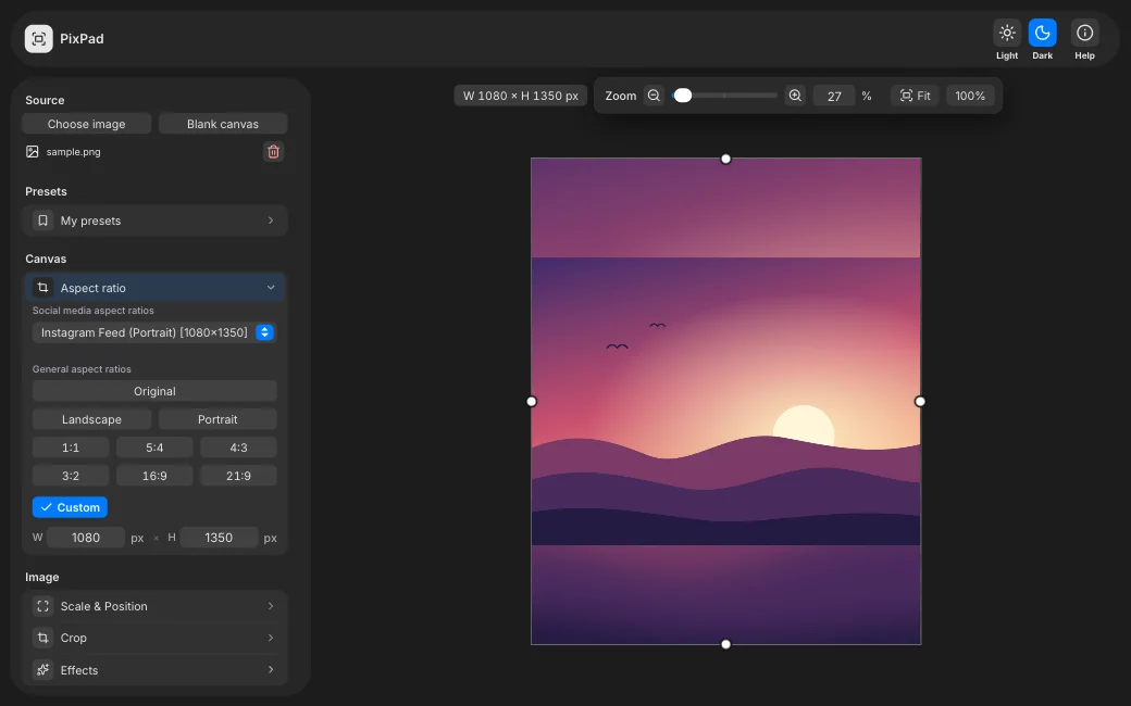 The PixPad editor with a picture on its canvas and the settings on the left.