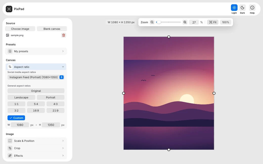 The PixPad editor with a picture on its canvas and the settings on the left.