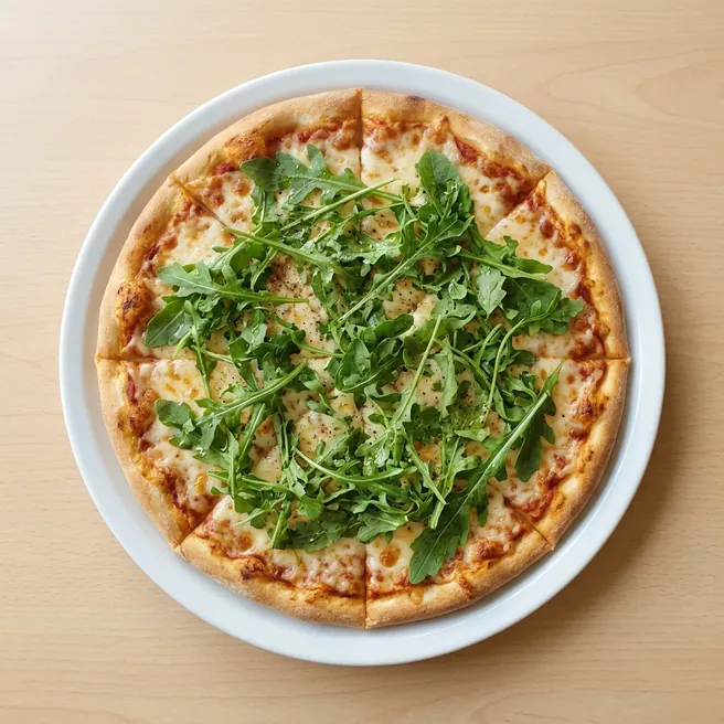 A pizza with rocket leaves on a white plate, seen from above on a wooden table.