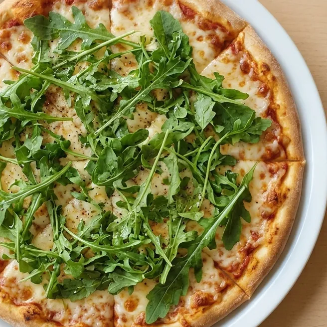 A zoomed-in view of the pizza, with the edge of the plate and the crust cut off at the sides.