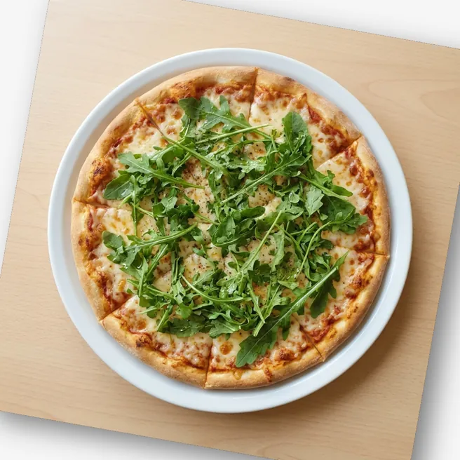 The whole pizza on its plate as a tilted card with rounded corners and a shadow, on a white background.