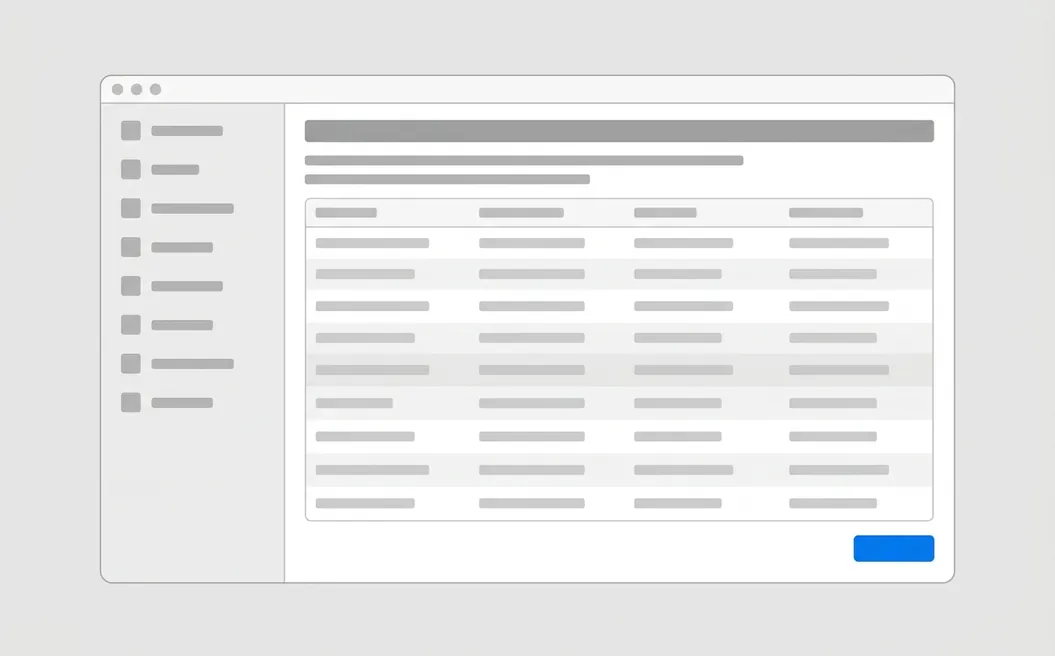 A screenshot of an app window on grey: a menu on the left, a table of rows and a blue button.